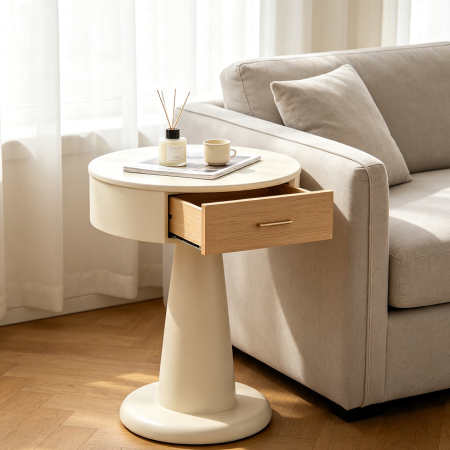 Elegant Round Sofa Side Table with Drawer